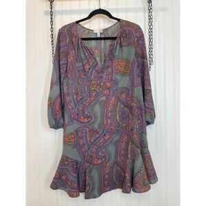 14TH & Union Dress 3/4 Sleeve V-Cut Neck Ruffle Multi-Color Relaxed Fit Size S